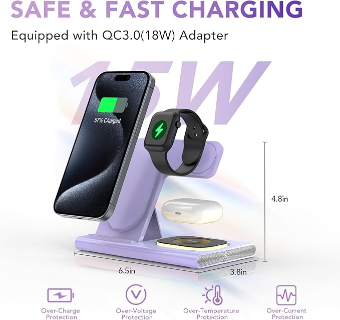 3 in 1 Charging Station for iPhone 17 - Wireless Charger for Apple Devices for iPhone 17 16 15 14 13 12 11 Pro Max - Foldable Wireless Charging Station Dock Stand for Apple Watch Series & AirPods