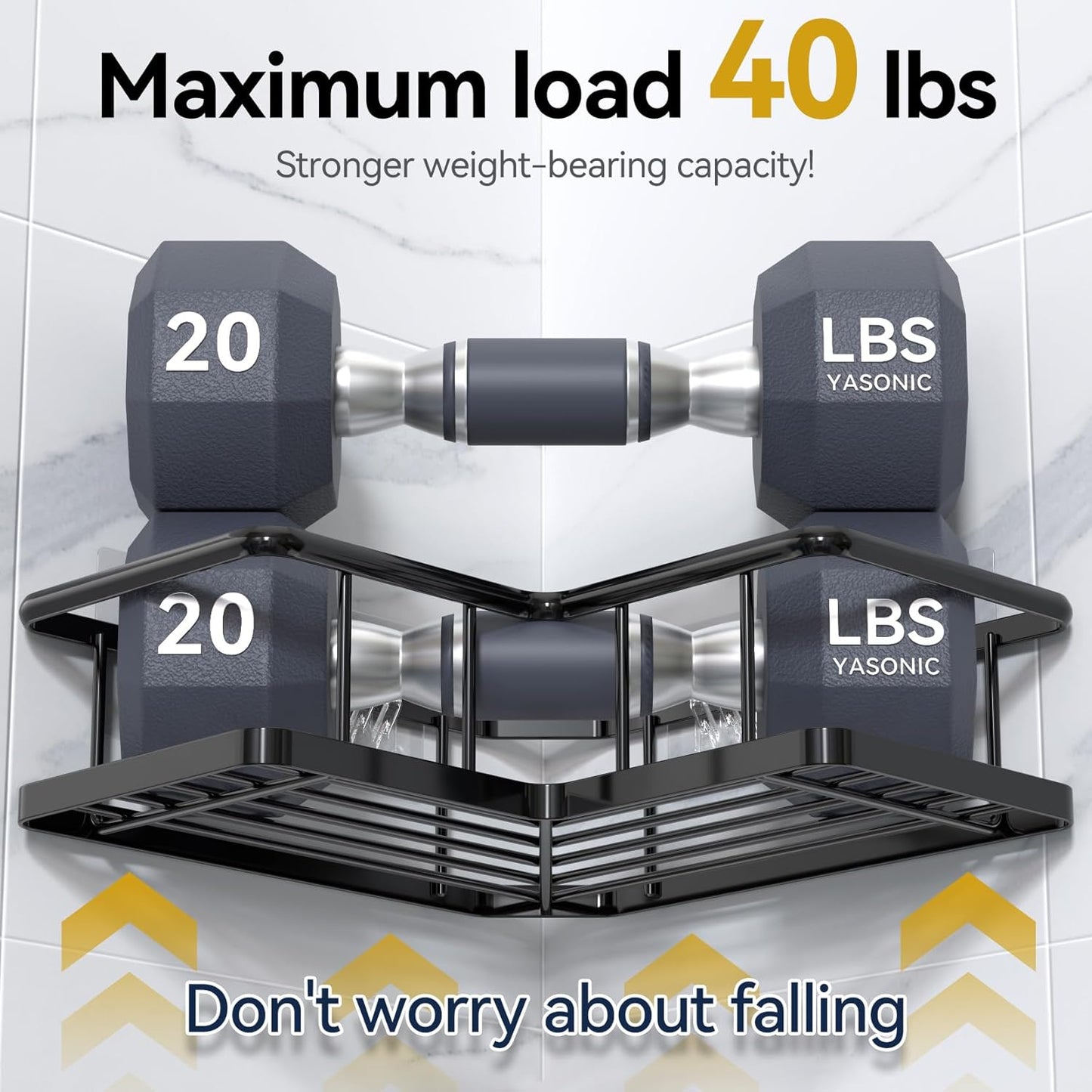 YASONIC Shower Caddy Corner, 3-Pack Adhesive Rustproof Stainless Steel Shower Shelves with Soap Holder, No Drilling Shower Organizer Corner for Dorm, Renters Bathroom, Black