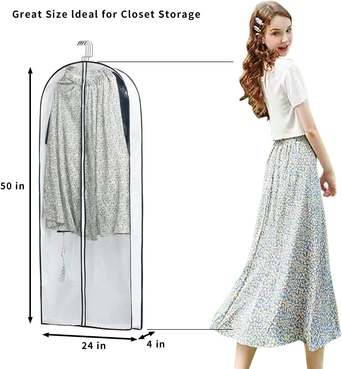 Hanging Clothes Storage with 4" Gusseted Garment Covers (Set of 6) - Clear Suit, Gown, Long Coat, Dress Protectors for Closet - 24"x 50"x 4" / 6 Pack