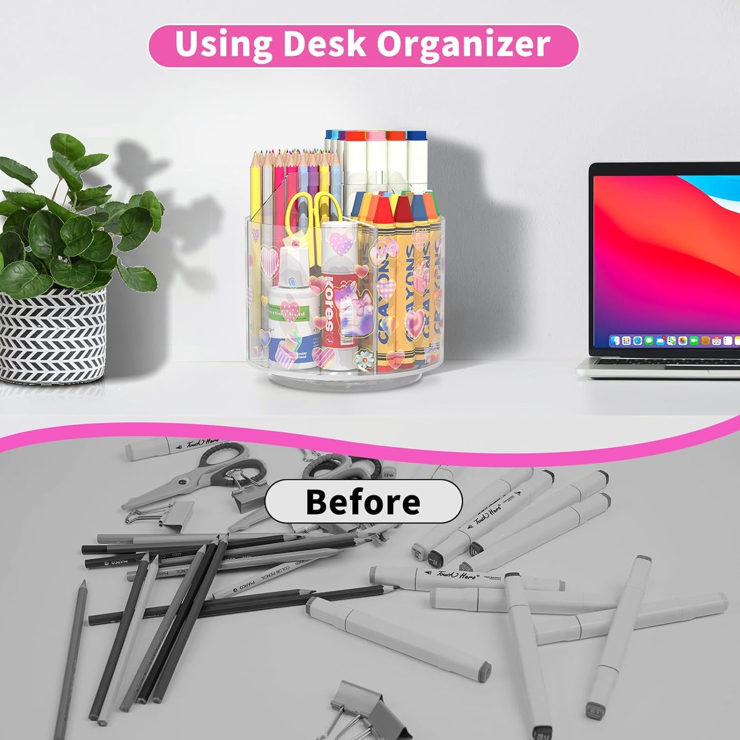 Acrylic Pencil Organizer for Desk 4 Compartments with Adhesive DIY Sticker, Rotating Art Supply Organizer with Kawaii Sticker Kids, Spinning Round Marker Small Supply Caddy