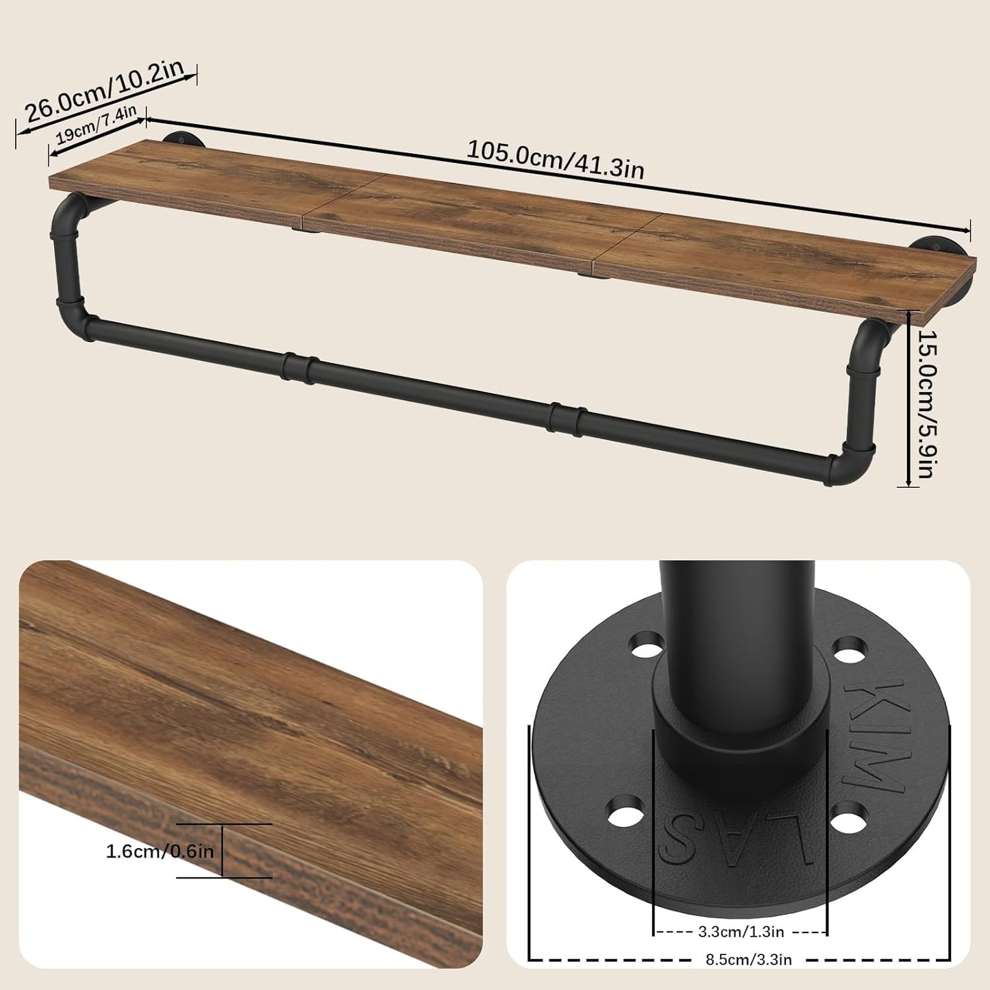 Industrial Pipe Clothing Rack with Top Shelf, Closet Poles for Hanging Clothes, Heavy Duty Iron Garment Racks Wall Mounted, 41.3x10.2x5.9 Inch, Black