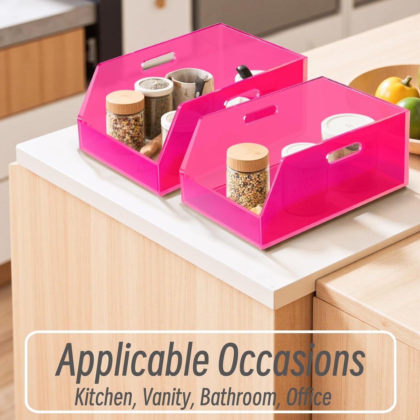 Gelite Stackable Large Storage Bin Organizer with Handles Acrylic Storage Container for Toy Pantry Kitchen Cabinet Bathroom Closet Office Organization, 15.4x11.4x6.7'', Neon Pink