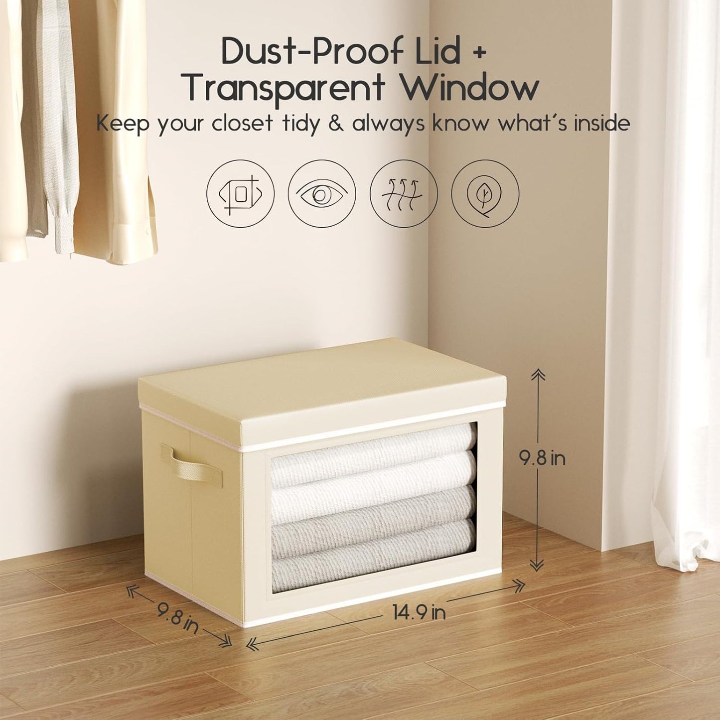 Collapsible Storage Bins with Lids - Stackable Storage Containers with Window, 1 Pack Fabric Organizing Bins for Closet, Home & Office Organization Baskets, Beige, 14.9" x 9.8" x 9.8"