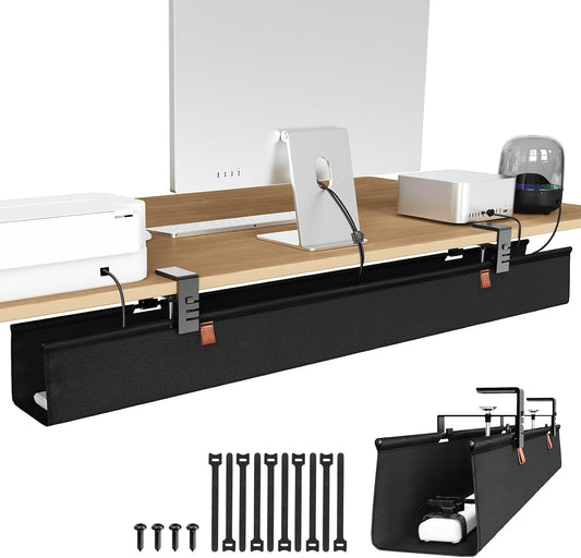 Zilink No Dril Under Desk Cable Management Tray 40" Cable Organizer Clamp/Screw Mount Premium Fabric Desk Wire Management for Office Home