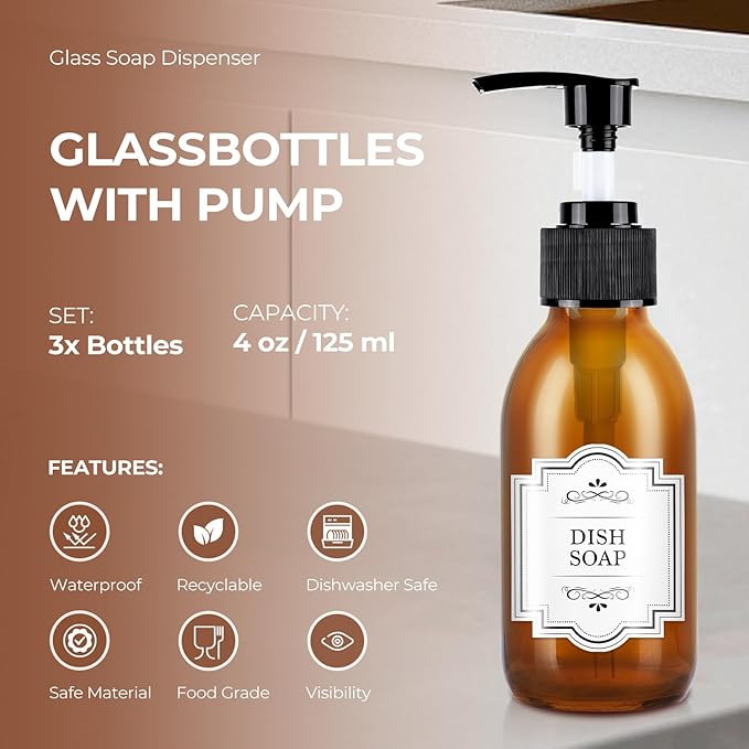 Amber Glass Soap Dispenser 4 oz, Homepicker Glass Pump Bottle with Pump for Lotion Body Oil, 125ml Hand and Dish Soap Dispensers Set with 1 Extra Pump & Labels - 2 Pack