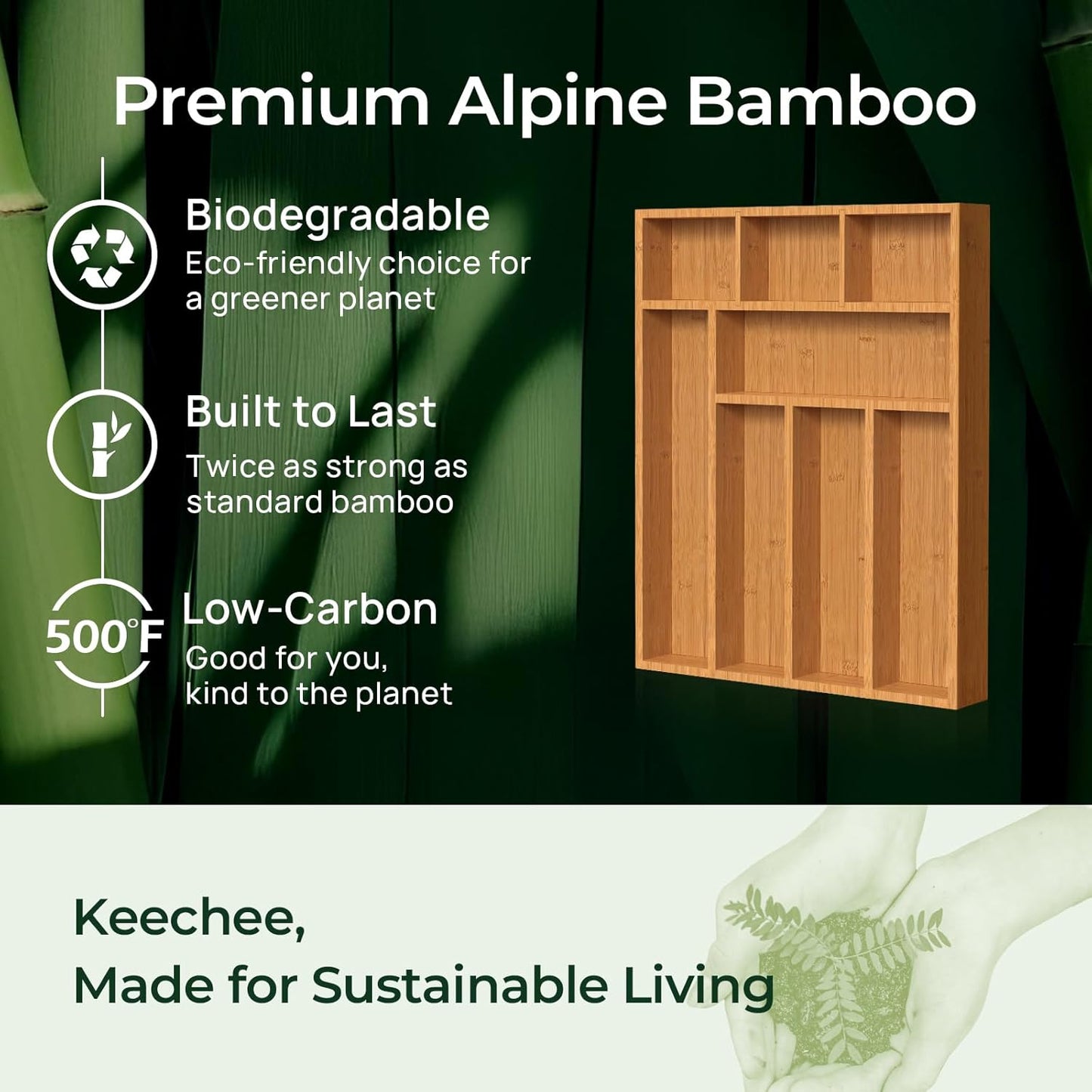 Carbonized Bamboo Kitchen Drawer Organizer, 8 Slots Silverware Organizer, Utensil Holder & Cutlery Tray, 2.2" Deep for Extra Capacity, Non-Slip Feet Included