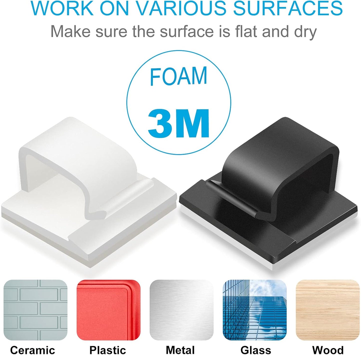 100 PCS Adhesive Cable Clips Black (Small & Large), Upgraded Wire Holder for Wall Cord Organizer Cable Management Under Desk, Outdoor Light Clips Hooks for LED, Car Dash Cam, HDMI, Extension Cord