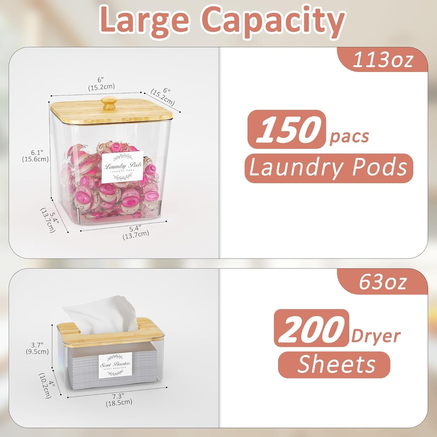 Laundry Room Organization and Storage, Laundry Pods Container and Dryer Sheet Holder with Bamboo Lids and Labels, Laundry Organizer with Scoops for Booster Beads, Powder, Pods, 2+1 Pack