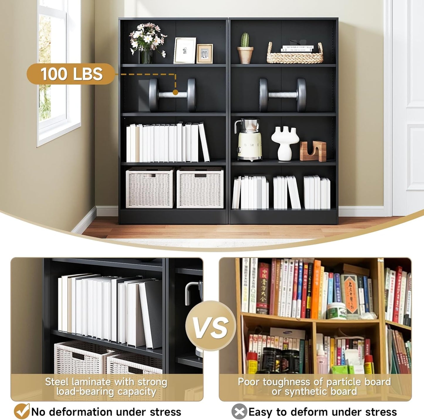 5 Tier Metal Curio Cabinets, Modern Bookshelf Cabinet with 4 Adjustable Shelves, Cabinet Display Case for Home Office, Living Room, Pantry (Black-59H)