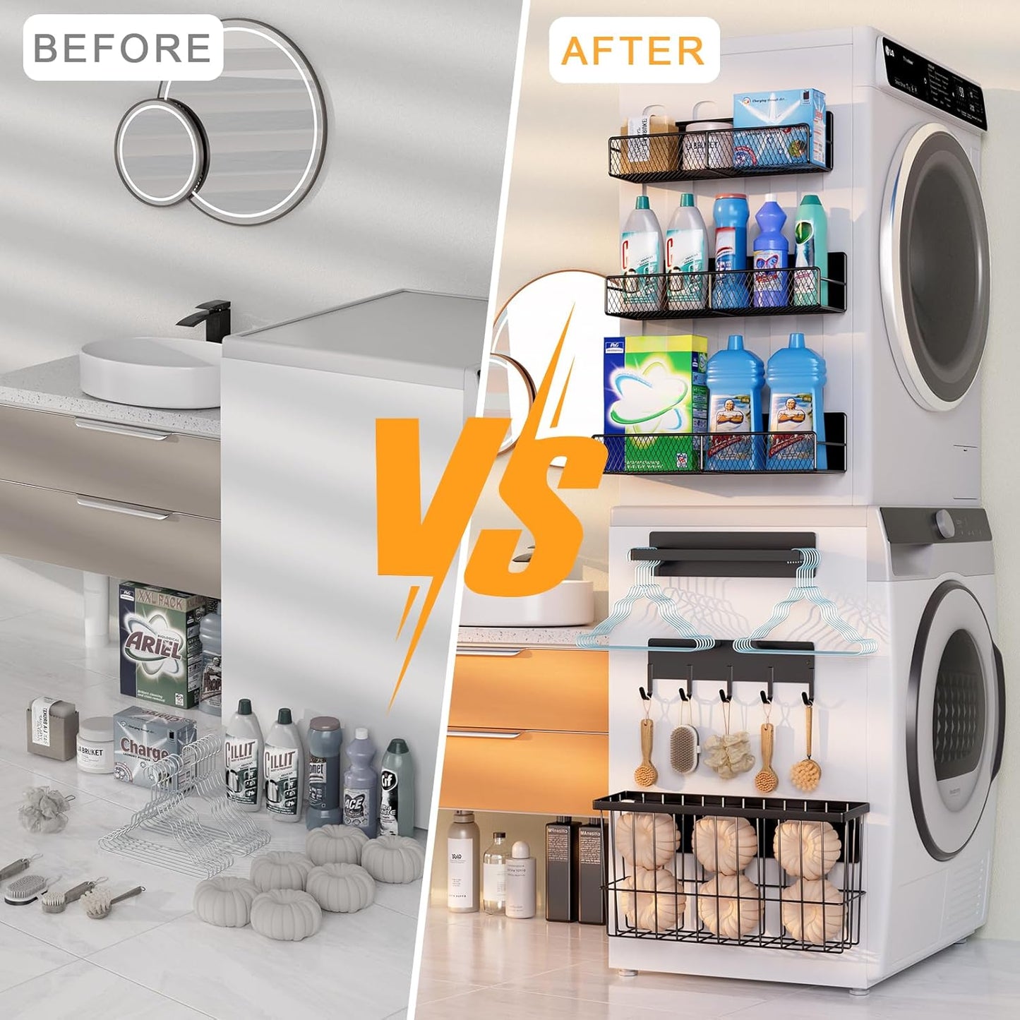 6-Pack Magnetic Shelves for Washing Machine & Refrigerator, Heavy-Duty Laundry Organizer with Hanger Holder & Deep Baskets, Metal Storage System for Laundry Room (Black)