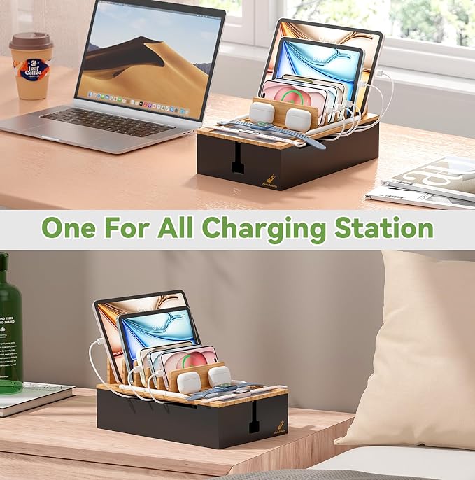 Pezin & Hulin Bamboo Charging Station, Electronic Devices Organizer for Multiple Devices Charger Such As Cell Phone, Tablet, Watch and More, Natural+Black, (No USB Charger and Cables