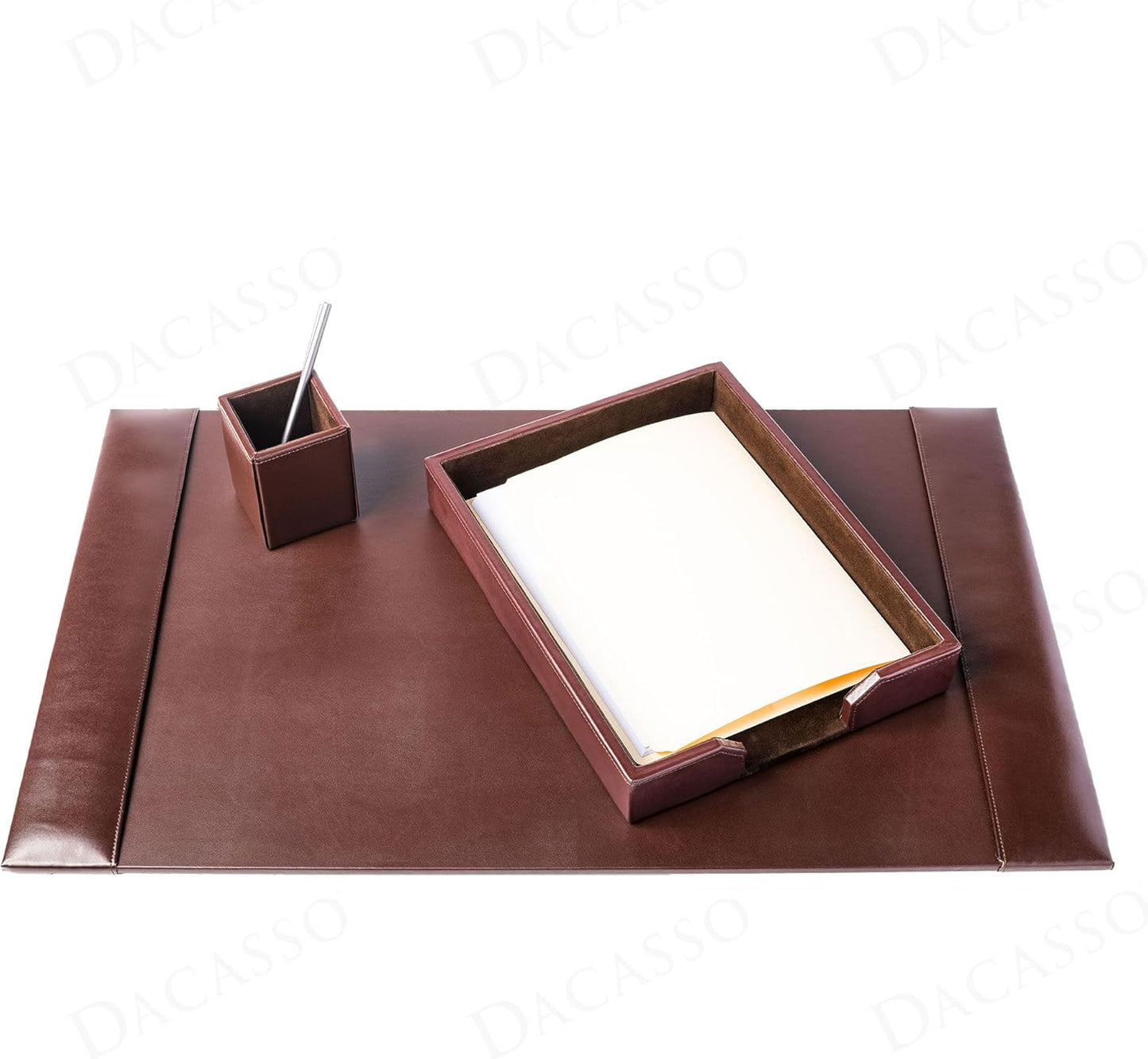 Dacasso Brown Bonded Leather Luxury 3 Piece Desk Set - Blotter Pad & Desk Organization Essentials - Executive Decor and Surface Protector