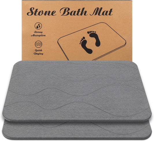 Stone Bath Mat, Diatomaceous Earth Shower Mat, Non-Slip Super Absorbent Quick Drying Bathroom Floor Mat, 2Pack,Grey, Pattern 1