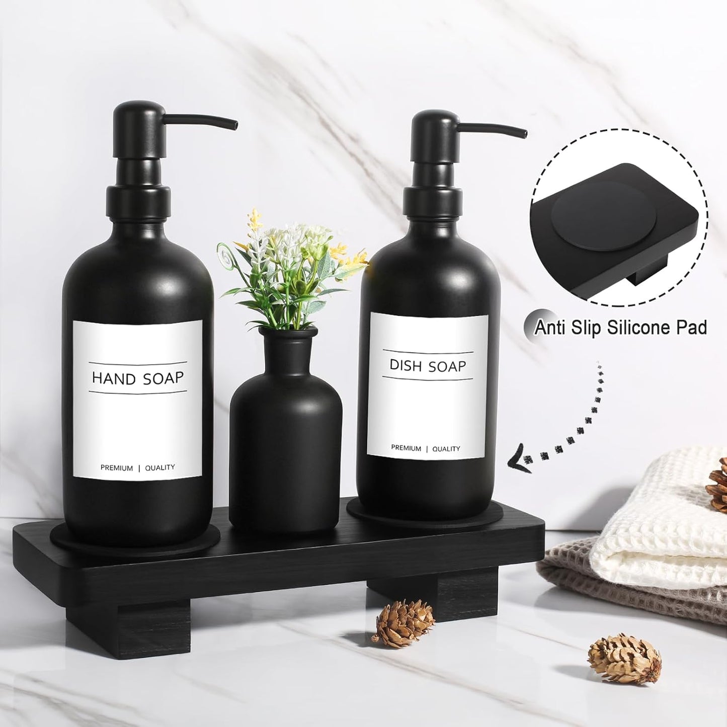 Dish Soap Dispenser for Kitchen, Black Hand Soap Dispenser with Stainless Steel Pump, Kitchen Soap Dispenser Set with Wood Riser Tray, Matte Black Bathroom Soap Dispenser Set Bathroom Decor
