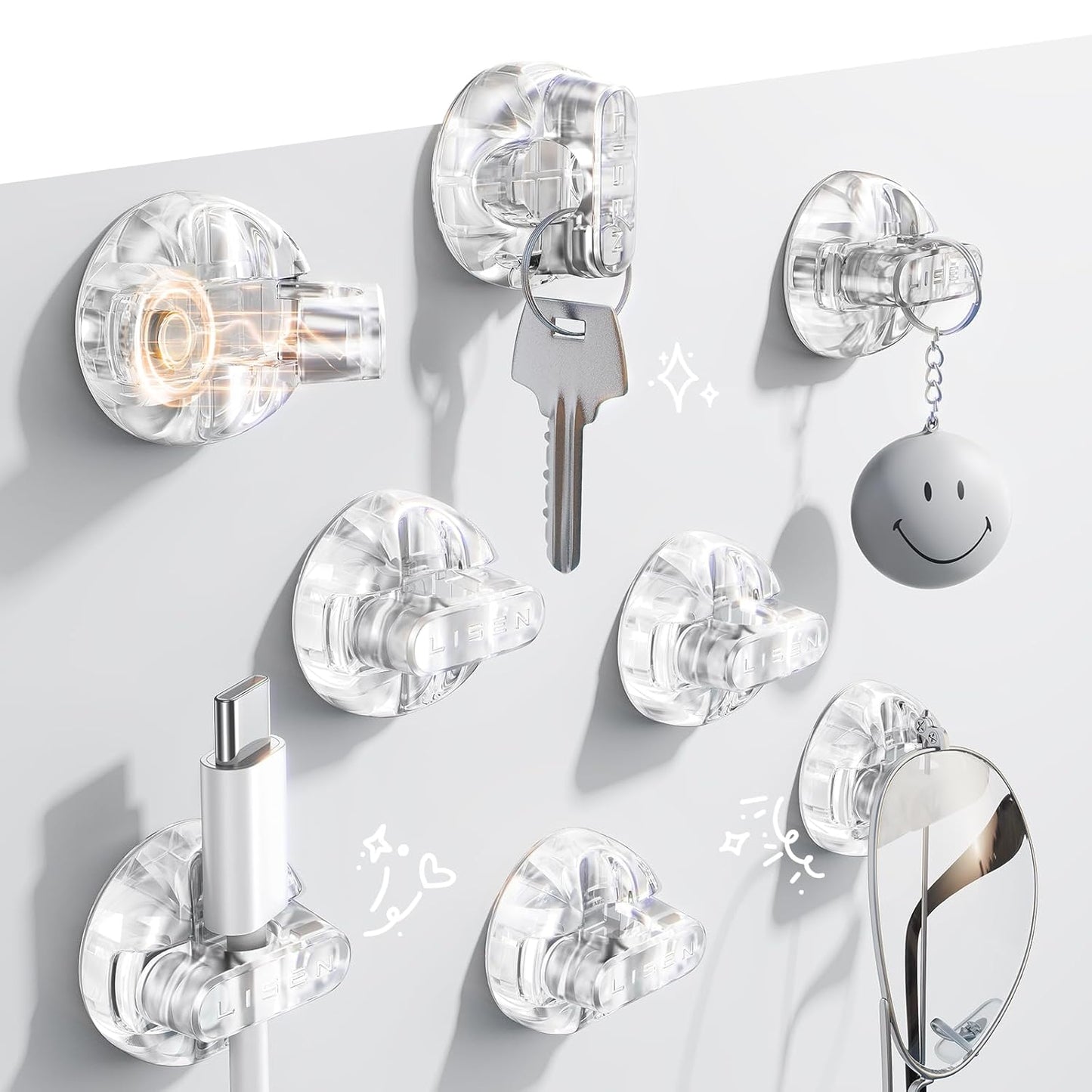 8-Pack Magnetic Cable Clips [1S Snap-On] Cord Holder, LISEN Desk Organizers and Accessories with 4 Extra Strong Adhesive Pads, Wire Organizer for Nightstand, Home, Wall, Car, Desktop,Transparent