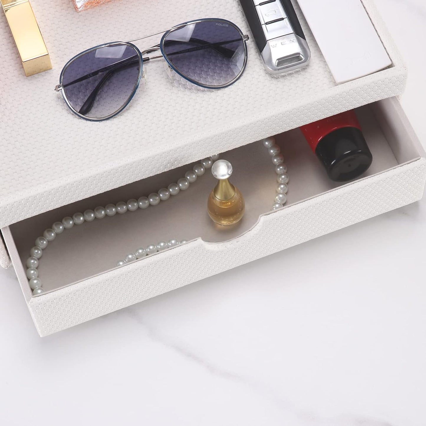 Leather Desk Organizer With Drawers, Home Cosmetics & Phone Remote Organizer, Drawer Plus Divider & Tray (white)