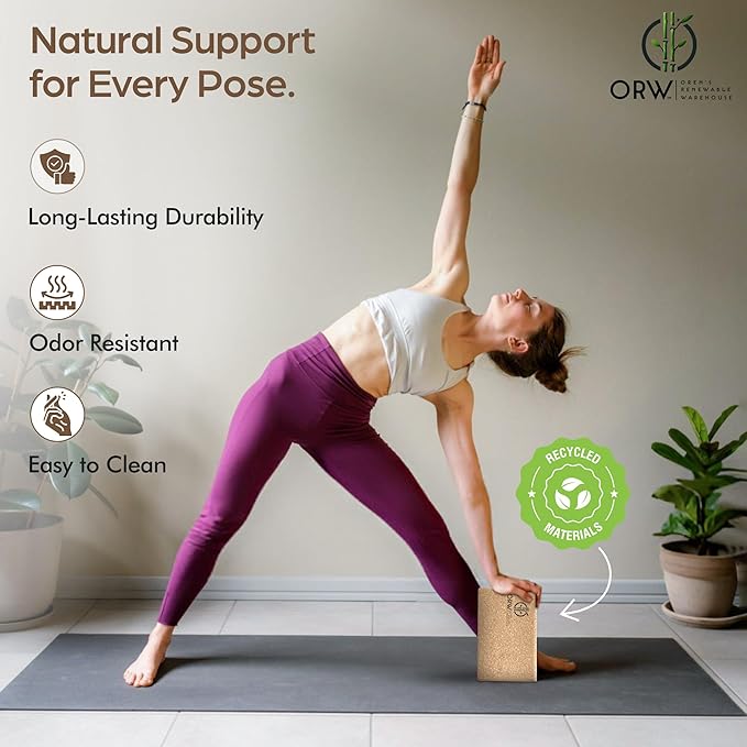 ORW Natural Cork Yoga Block – 9”x6”x3”, 1.5 lbs – Heavyweight, Non-Slip, Eco-Friendly – Dense Yoga Prop for All Levels