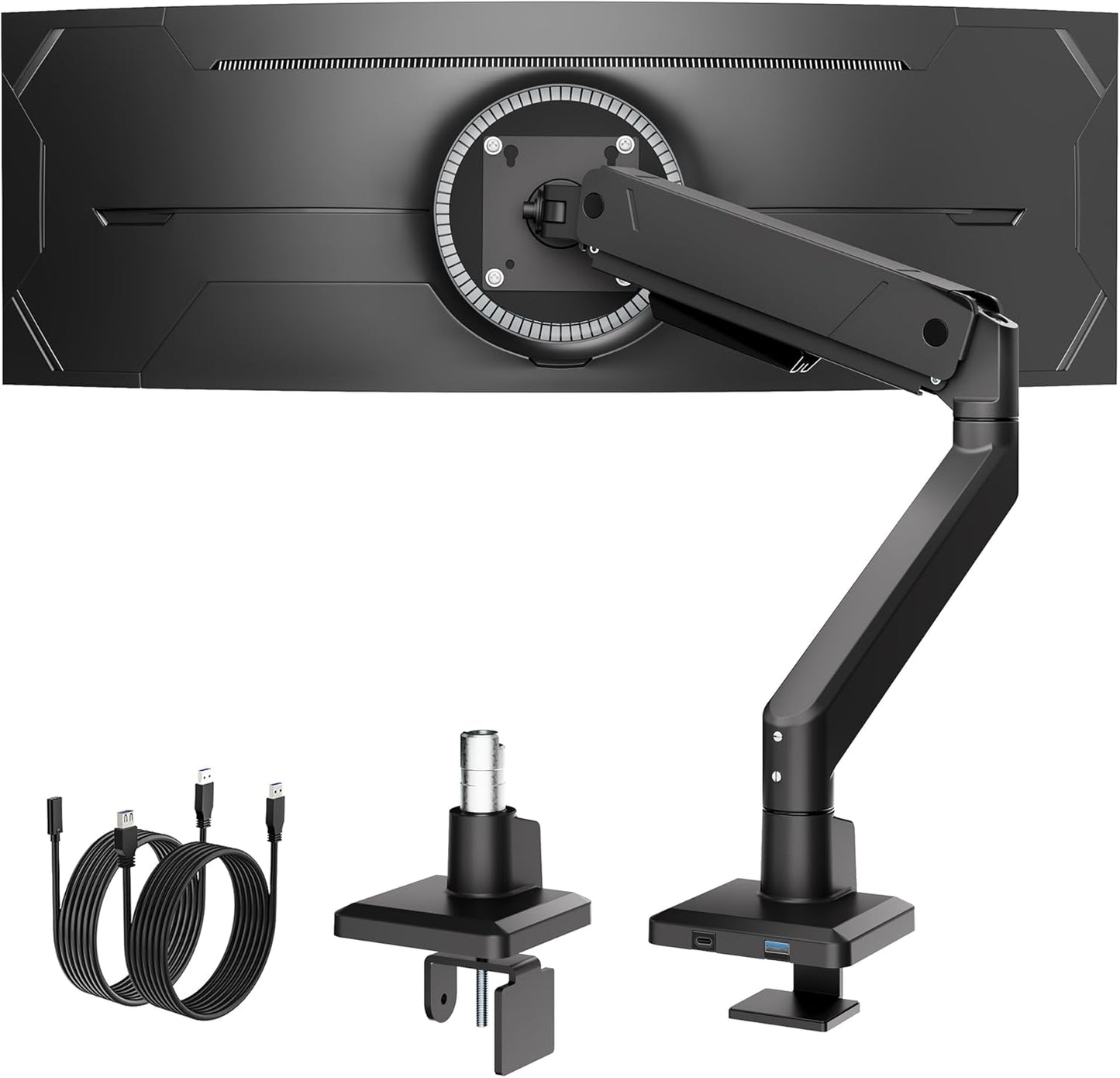 monTEK Single Monitor Arm with USB for Max 45 Inch Ultrawide Screens Adjustable Monitor Desk Mount Holds 35 Lbs Cable Management with C Clamp/Grommet Desk Mount, VESA 75/100mm, MA1007UCBK