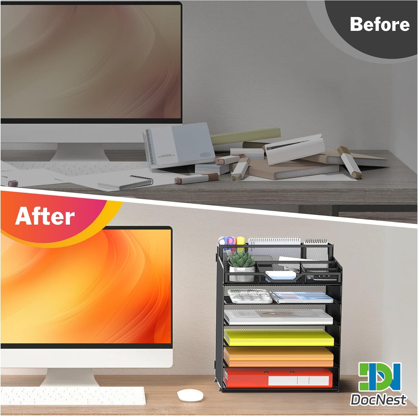 Docnest 6 Tier Mesh Desk Organizer for Paper Office Supplies – Multi-Functional Letter Tray with 5 Adjustable Compartments, 3 Pen Holders, Desktop Storage for Files, Mail, Stationery – Black