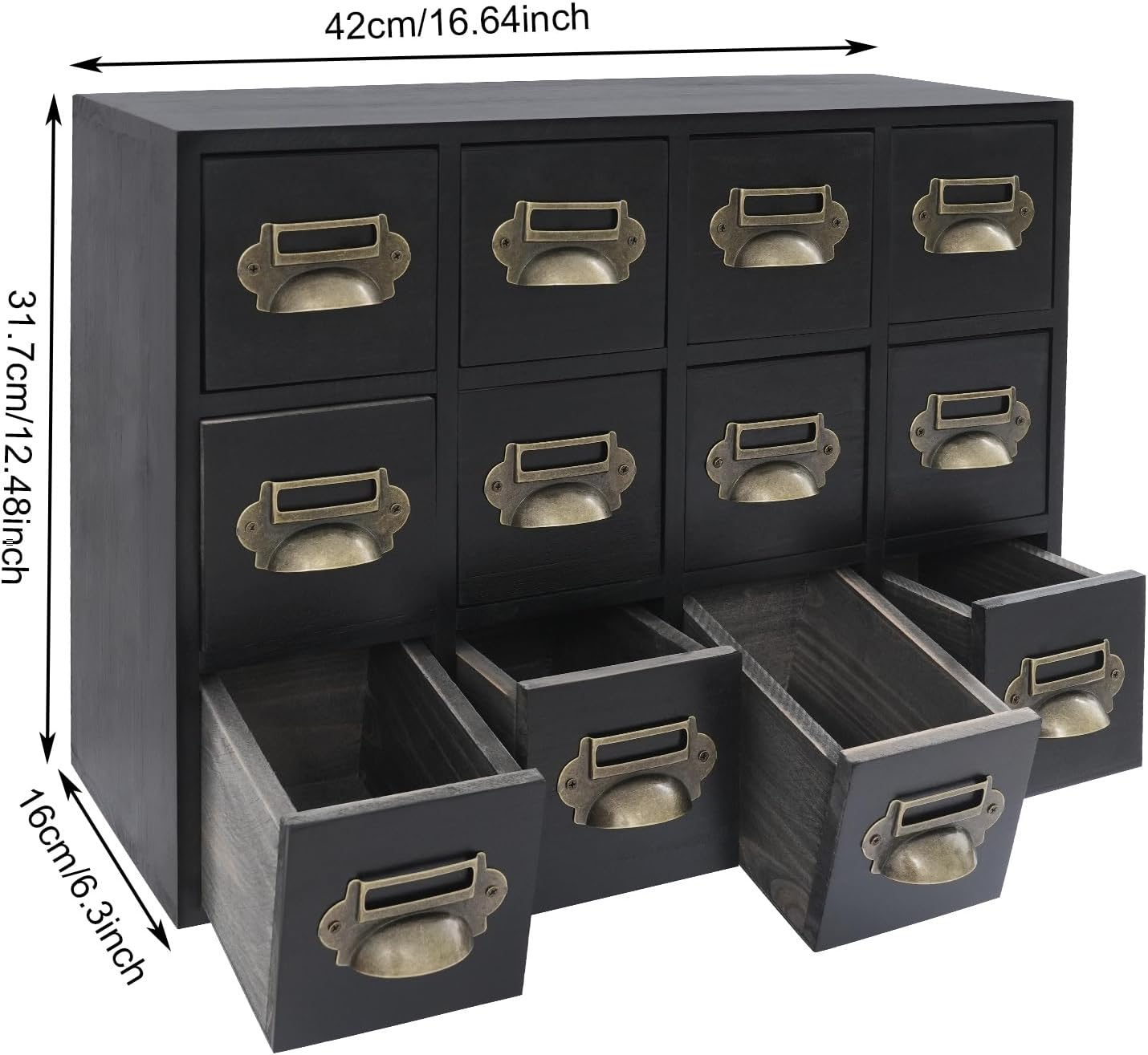 3-Tier Storage Cabinet, 12-Drawer Wooden Organizer with Metal Handles, Wooden Medicine Cabinet, Vintage Brown Solid Wood & Alloy Desktop Storage Shelf for Households, Offices (Black)