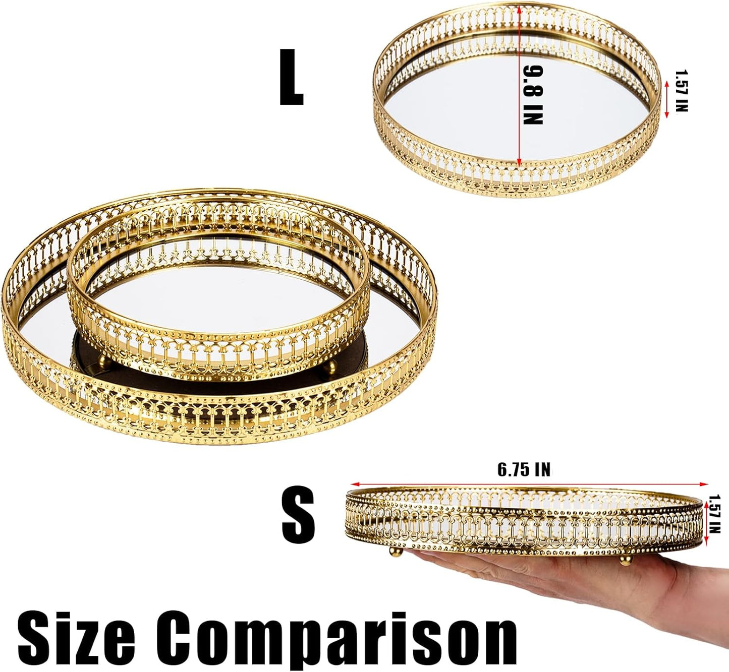 Gold Mirrored Vanity Tray for Bathroom Counter,Metal Decorative Jewelry Storage Tray Cosmetic Perfume Organizer for Dresser,Bedroom,Home Decor,Suit for Candle Holder,Coffee Table Centerpiece,L