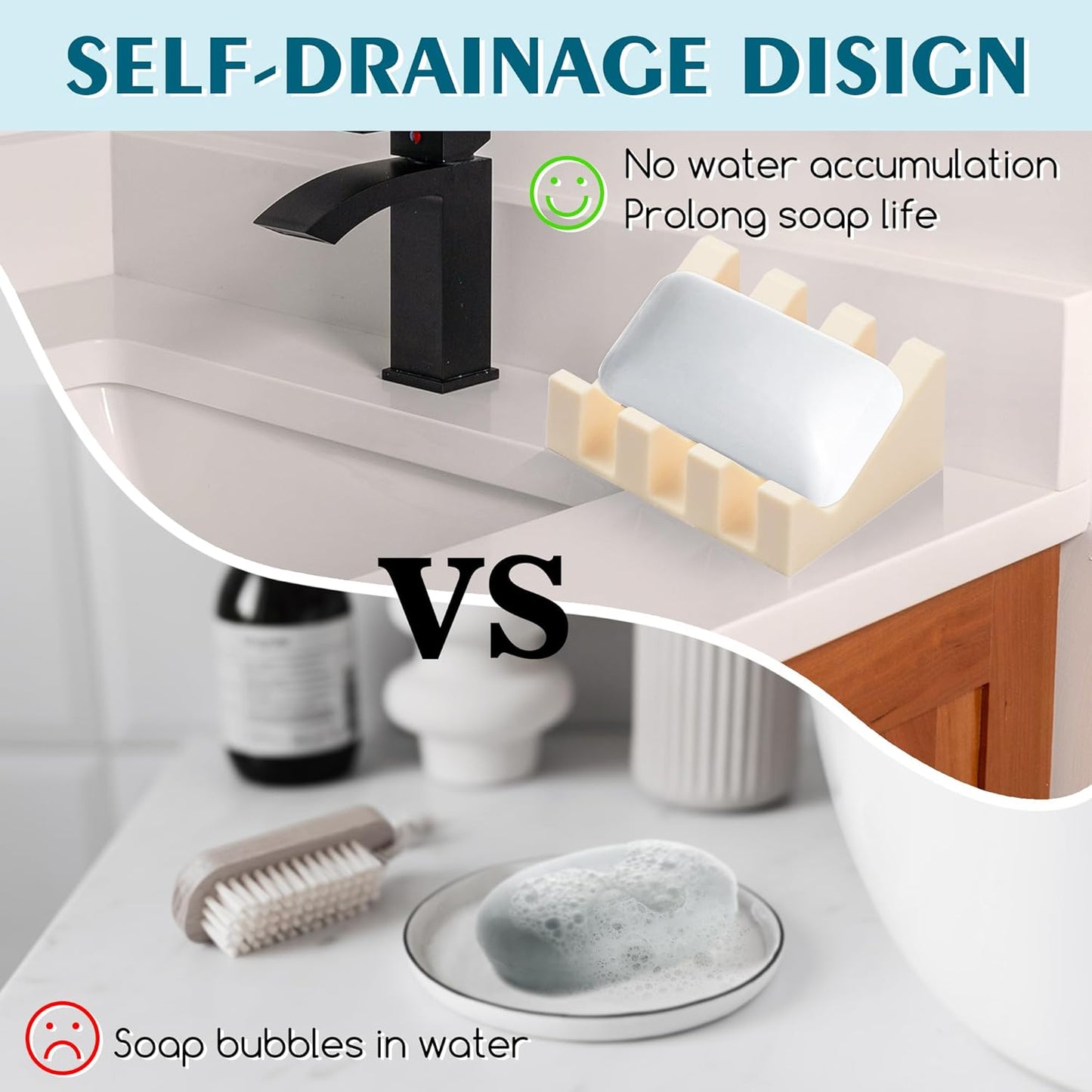 Silicone Soap Dish with Drain, Upgrade Double Suction Cups at The Bottom for Anti-Slip and Stability, Soap Dish Shower Waterfall Bar Soap Holder Tray with Drain Soap Holder (1, CreamWhite)
