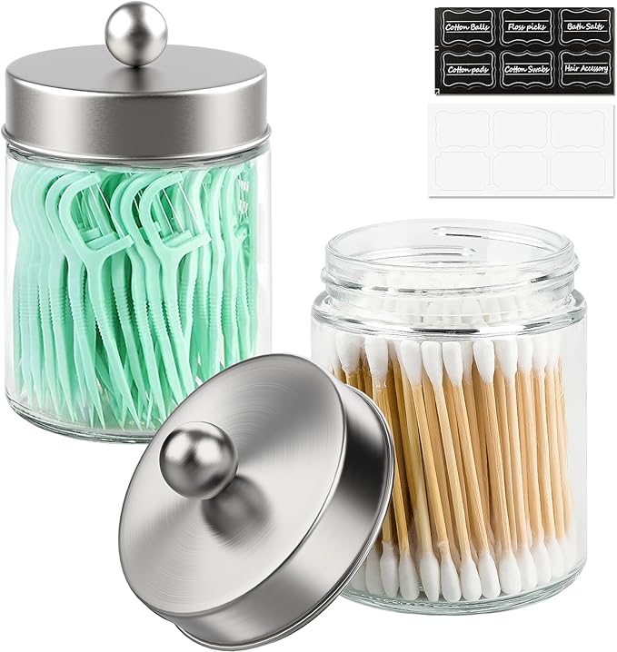 2 Pack Glass Apothecary Jars with Lids for Bathroom, Cute Qtip Holder, Silver Bathroom Accessories Set, Small Bathroom Canisters with Lids for Q-Tips, Cotton Swabs, Silver Bathhouses Decor