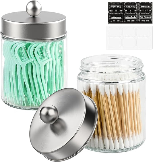 2 Pack Glass Apothecary Jars with Lids for Bathroom, Cute Qtip Holder, Silver Bathroom Accessories Set, Small Bathroom Canisters with Lids for Q-Tips, Cotton Swabs, Silver Bathhouses Decor