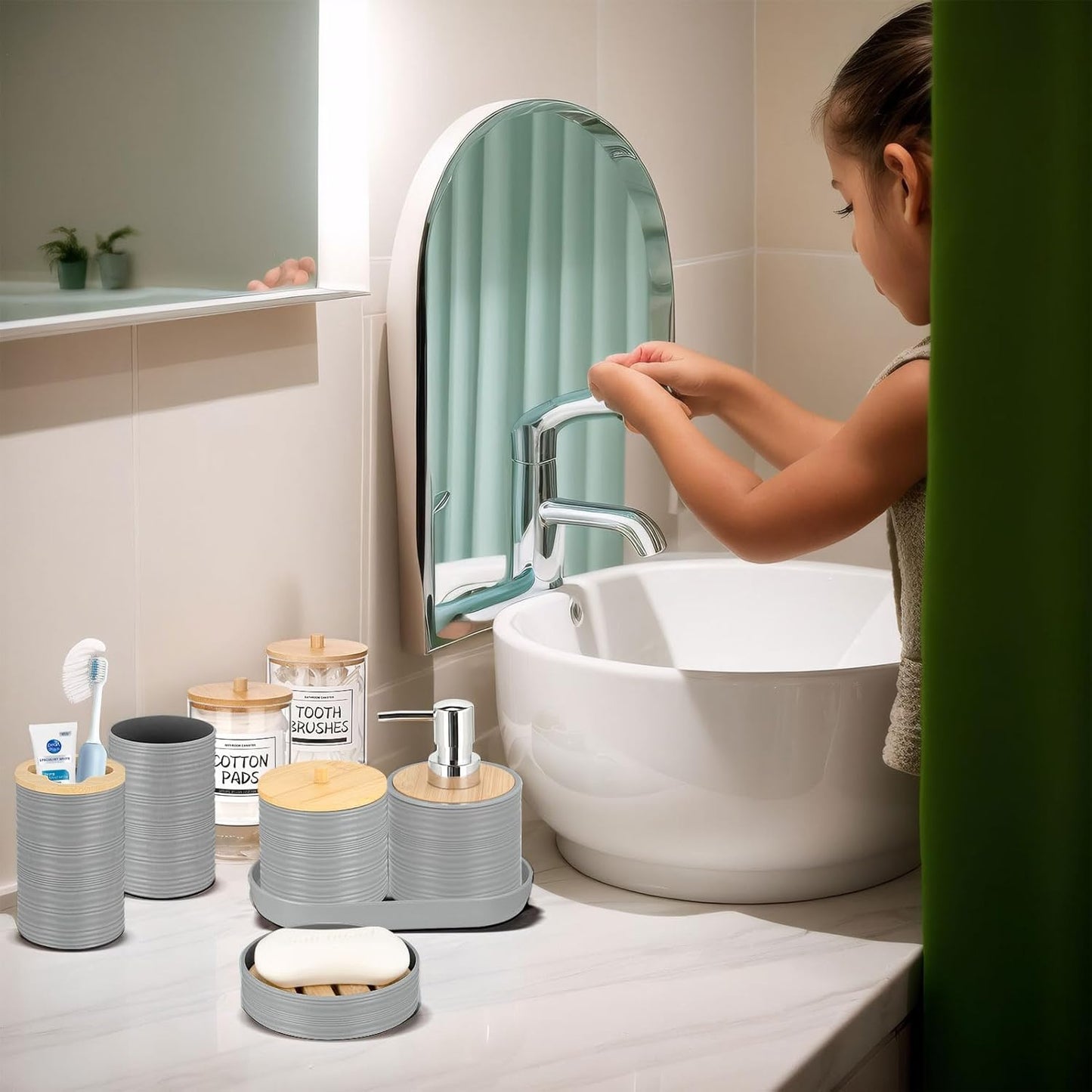 IMAVO Bathroom Accessory Set-11Pcs Grey Bathroom Accessories Set with Trash Can,Soap Dispenser,Soap Dish,Toothbrush Holder,Toothbrush Cup,Toilet Brush Holder,Qtip Holder Dispenser with Labels