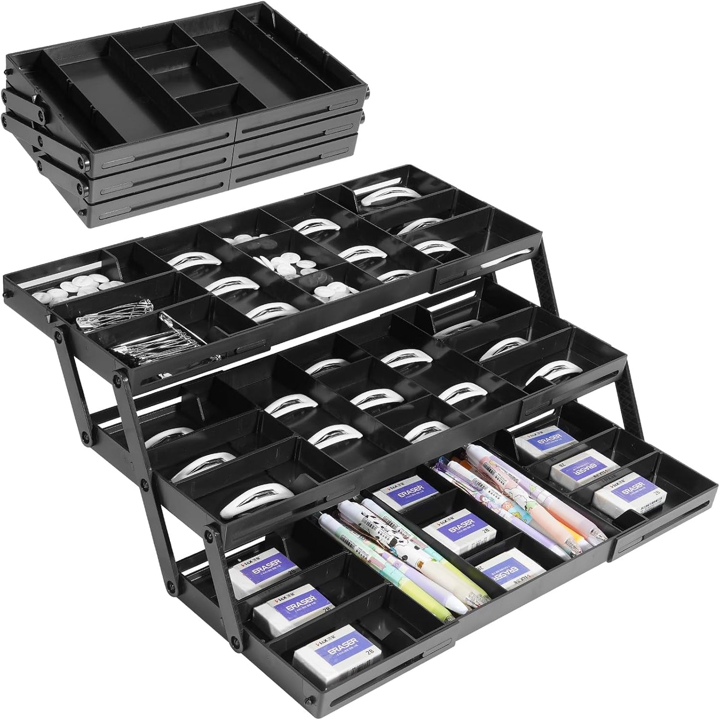 Aobiono Multi Level Smart Drawer Organizer, Multi Tier Expandable Storage Collapsible Foldable Trays for Jewelry, Cosmetics, Makeup, Tools, Battery (Black, Single Row - 3 Levels)