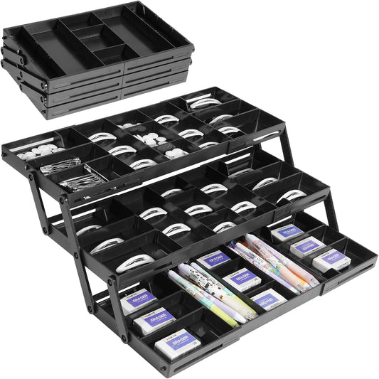 Aobiono Multi Level Smart Drawer Organizer, Multi Tier Expandable Storage Collapsible Foldable Trays for Jewelry, Cosmetics, Makeup, Tools, Battery (Black, Single Row - 3 Levels)