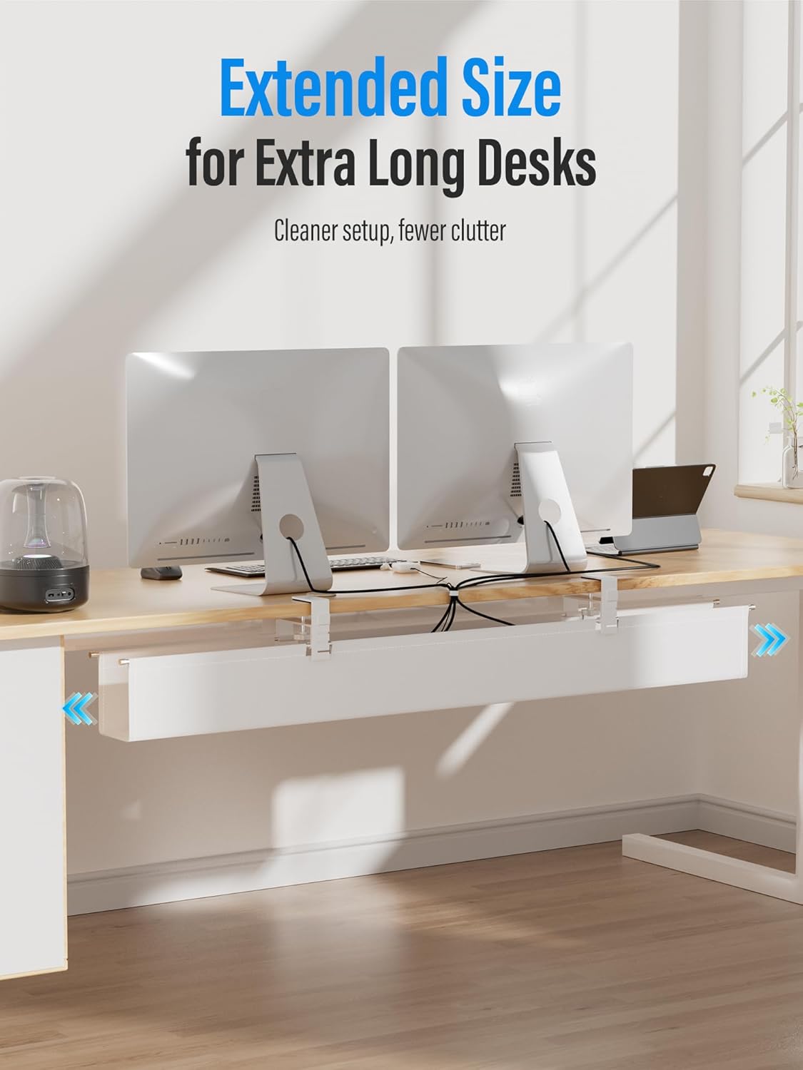 [Upgraded] Large Under Desk Cable Management Tray, Cinati Cable Management Under Desk No Drill, 42" Fabric Cord Hider for Wire Organizer, Cord Organizer for Office, Home - Supports Up to 30lbs White