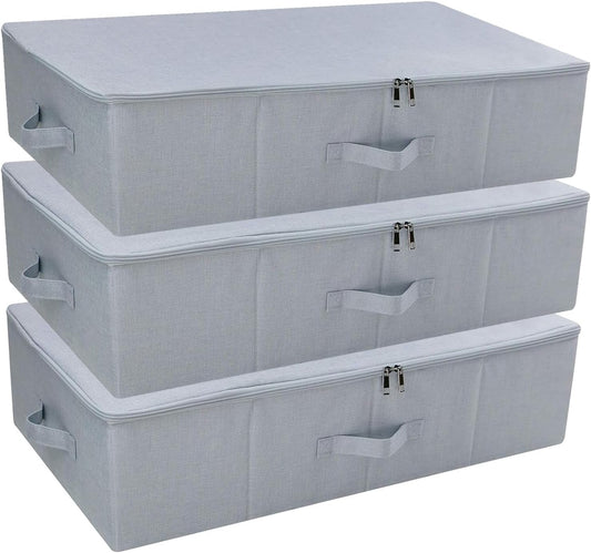 Pack of 3, Folding Under the Bed Storage Bins with Lids, Clothes, Shoes, Blanket, Bedding Closet Organizer Containers, Bedroom Storage Organizer Basket, Space Saving Organiser Bins, Light Gray