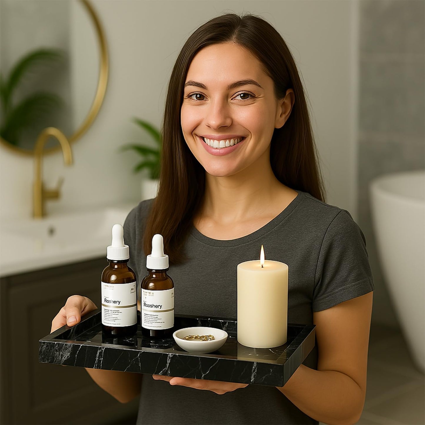 Bey-Berk Atticus Black Zebra Marble Vanity Tray – Handcrafted Stone Organizer for Bathroom Countertop Accessories