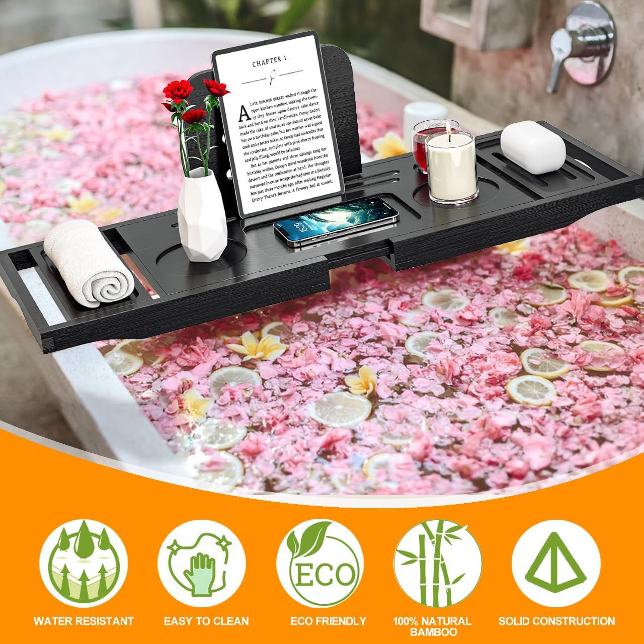 Bathtub Tray Caddy Black- Bath Tray Black - Bath Tub Tray Caddy - Bamboo Bath Tray for Tub - Expandable Size, Fits Most Tubs