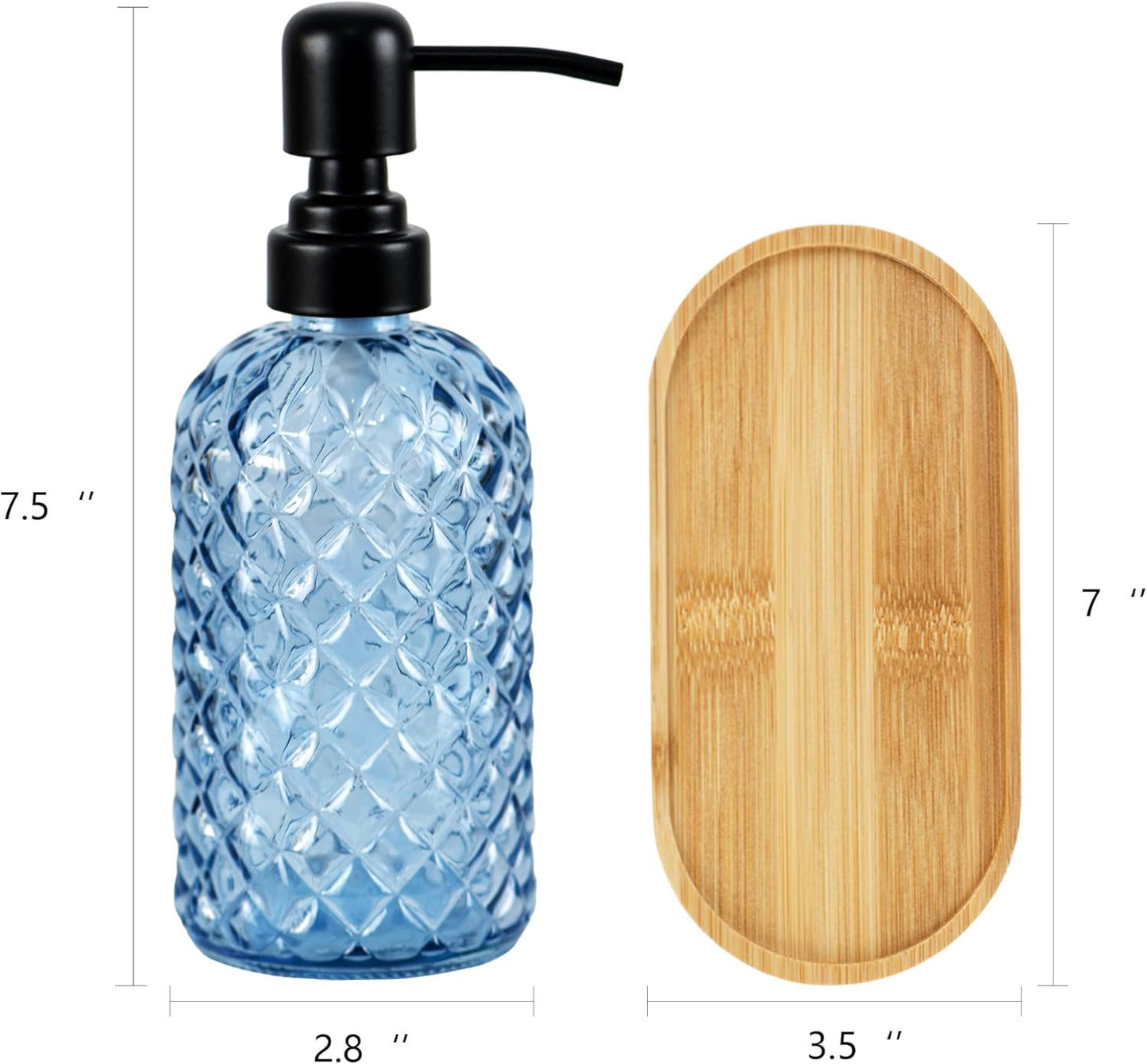 12Oz Glass Soap Dispenser with 304 Black Rustproof Stainless-Steel Pump, Refillable Glass Soap Dispenser for Kitchen, Bathroom, Farmhouse (Blue-2pack& Tray)