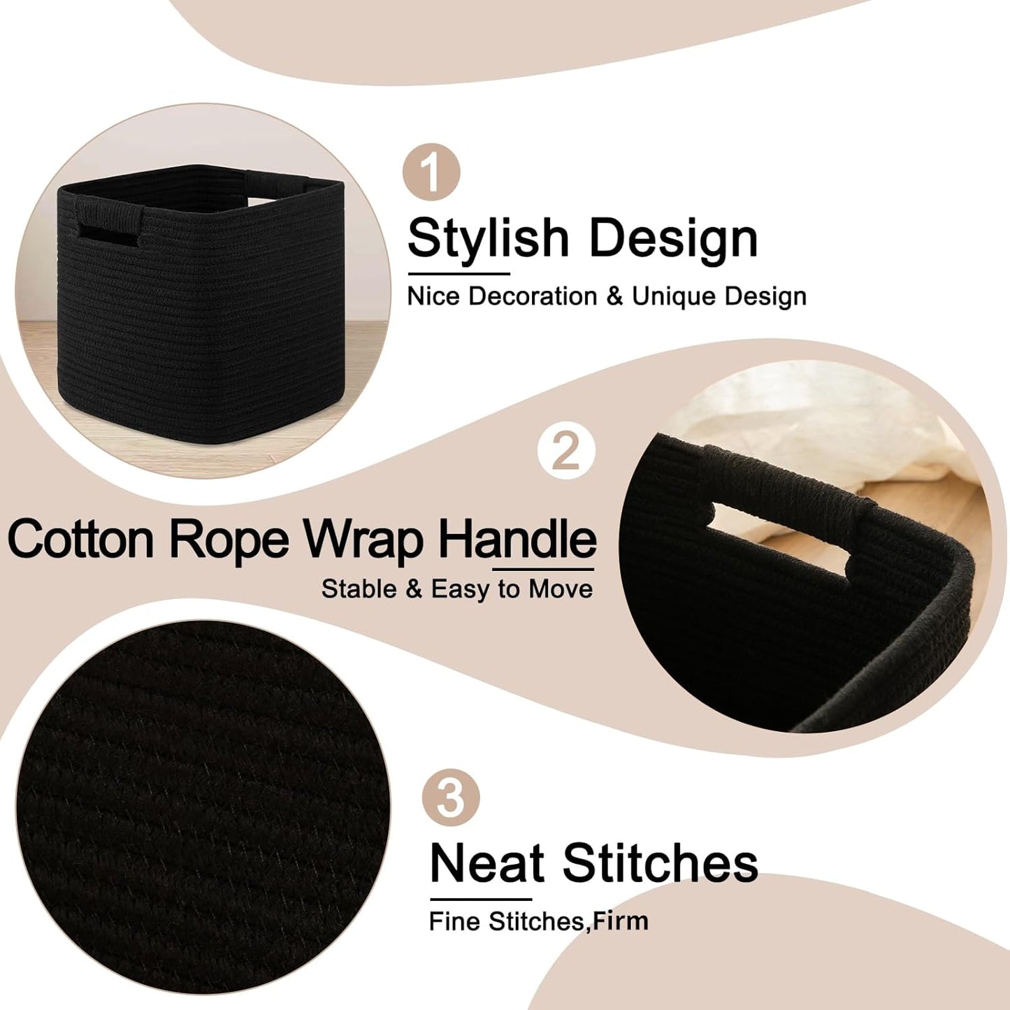 OIAHOMY Storage Cubes 11 Inch Storage Bins-3-Pack, Cotton Rope Woven Baskets for Organizing, Square Storage Baskets for Shelves Organizer, Classroom, Kids Toy Bins, Closet, Baby Nursery-Black