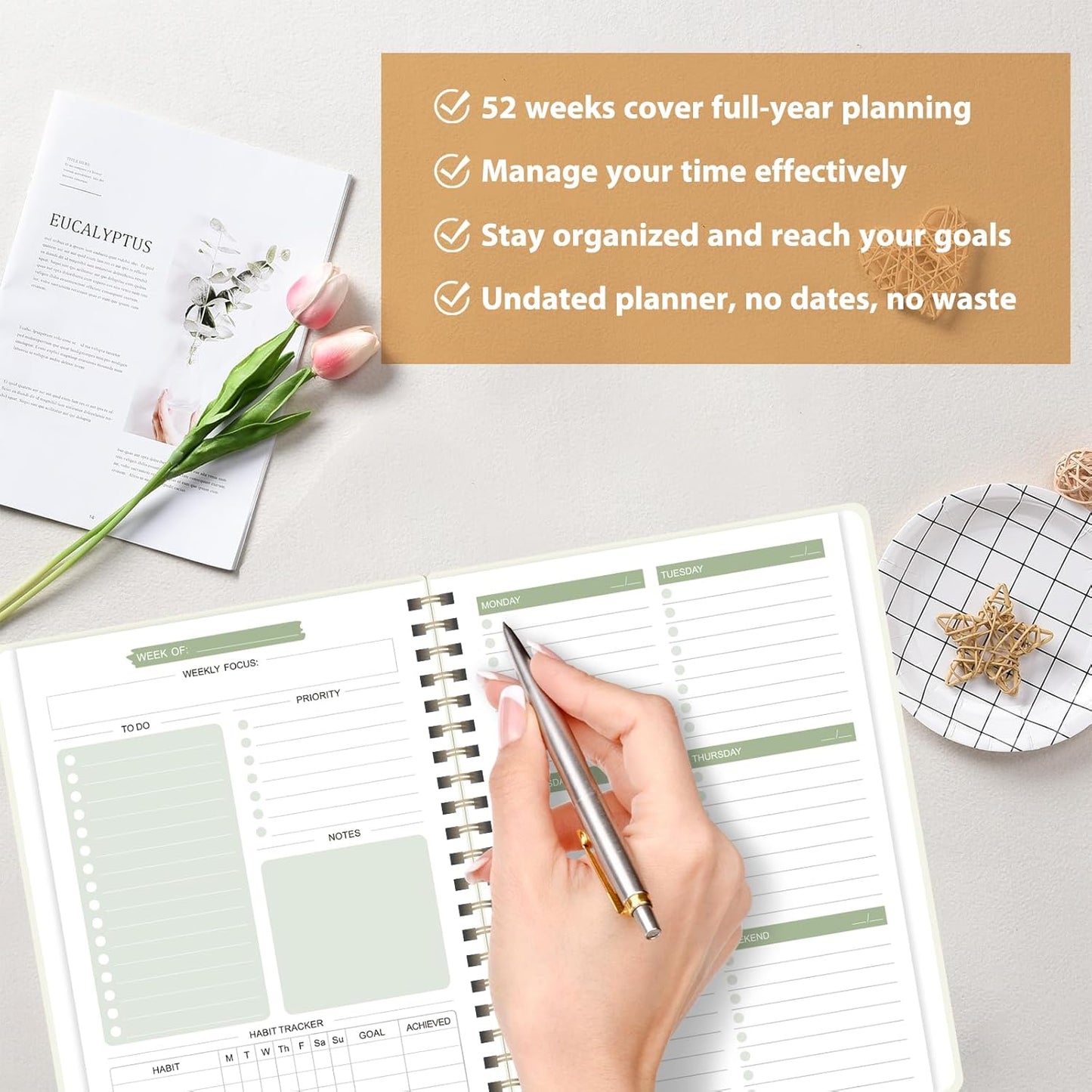 Undated Weekly Planner, Weekly To Do List Notebook with Goal, Organizer & Habit Tracker, A5 Daily Planner with Spiral Binding, Ideal for Office School Suppies (Beige)