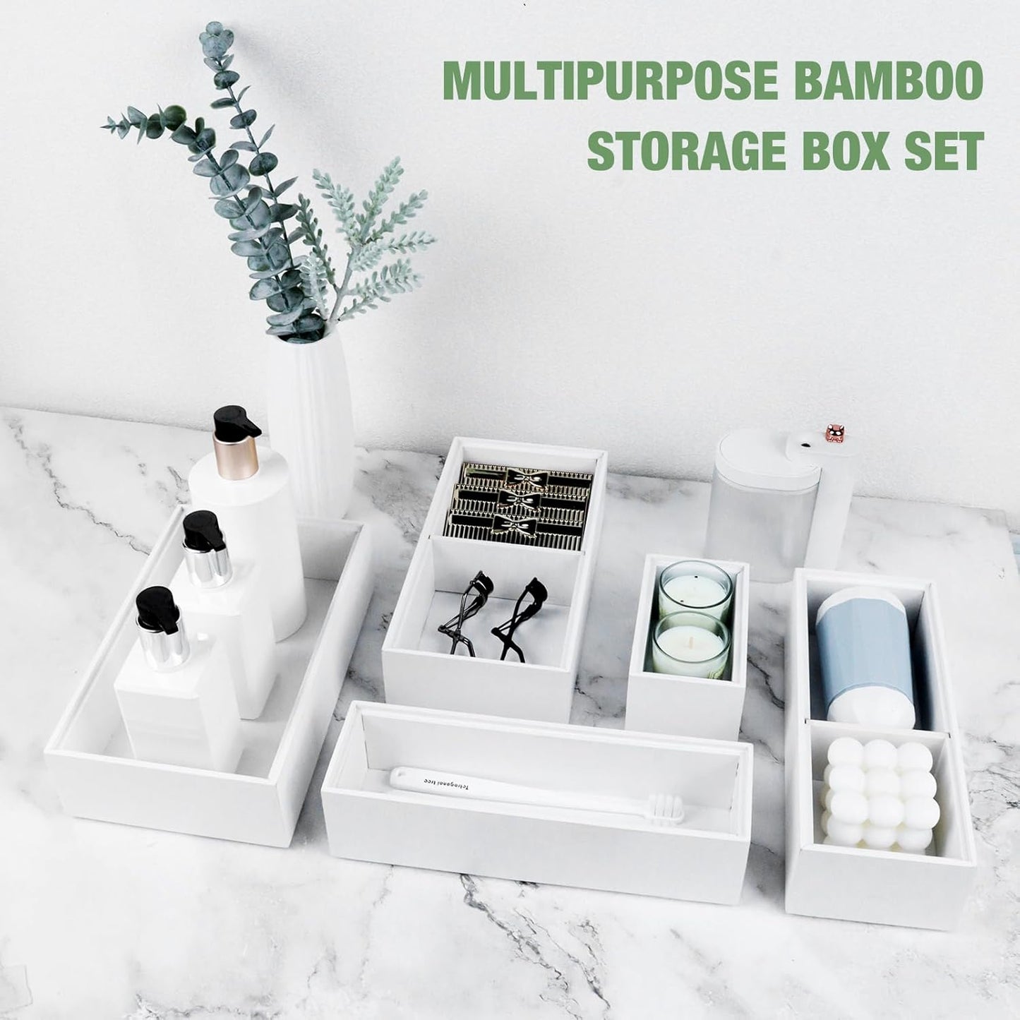 Bamboo Drawer Organizer,5 PCS Silverware Organizer & Kitchen Organizers and Storage,Utensil Drawer Organizer With Removable Dividers for Kitchen,Utensils,Bathroom,Office,Makeup(White)