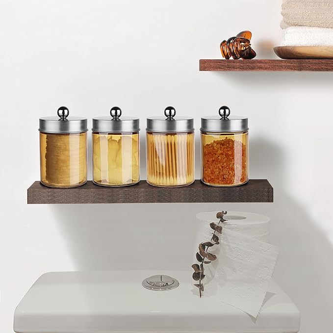 Amolliar Bronze Glass Apothecary Jar, Qtip Holder Metal Lid & Stickers, Bathroom Qtip Dispenser Storage, Canister for Cotton Balls, Cotton Swabs, Makeup Pads, Bath Salt, Floss, 4 Pack (Brushed Nickel)