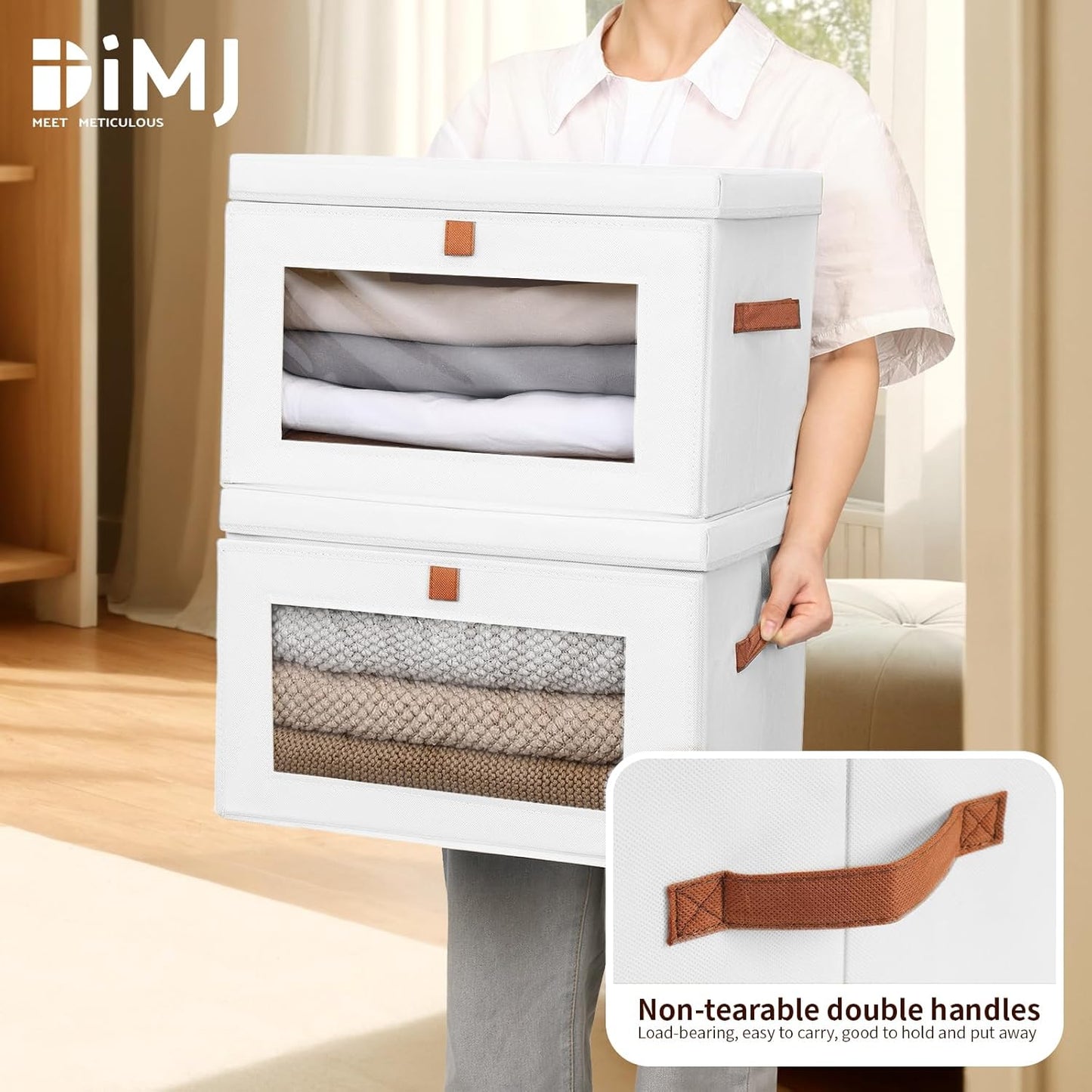 DIMJ Storage Bins with Lids - 6 Pack Large Fabric Closet Organizer with Window & Handles, Collapsible Decorative Storage Boxes for Shelves Under Bed, Books Clothes Blankets Sweaters Organization