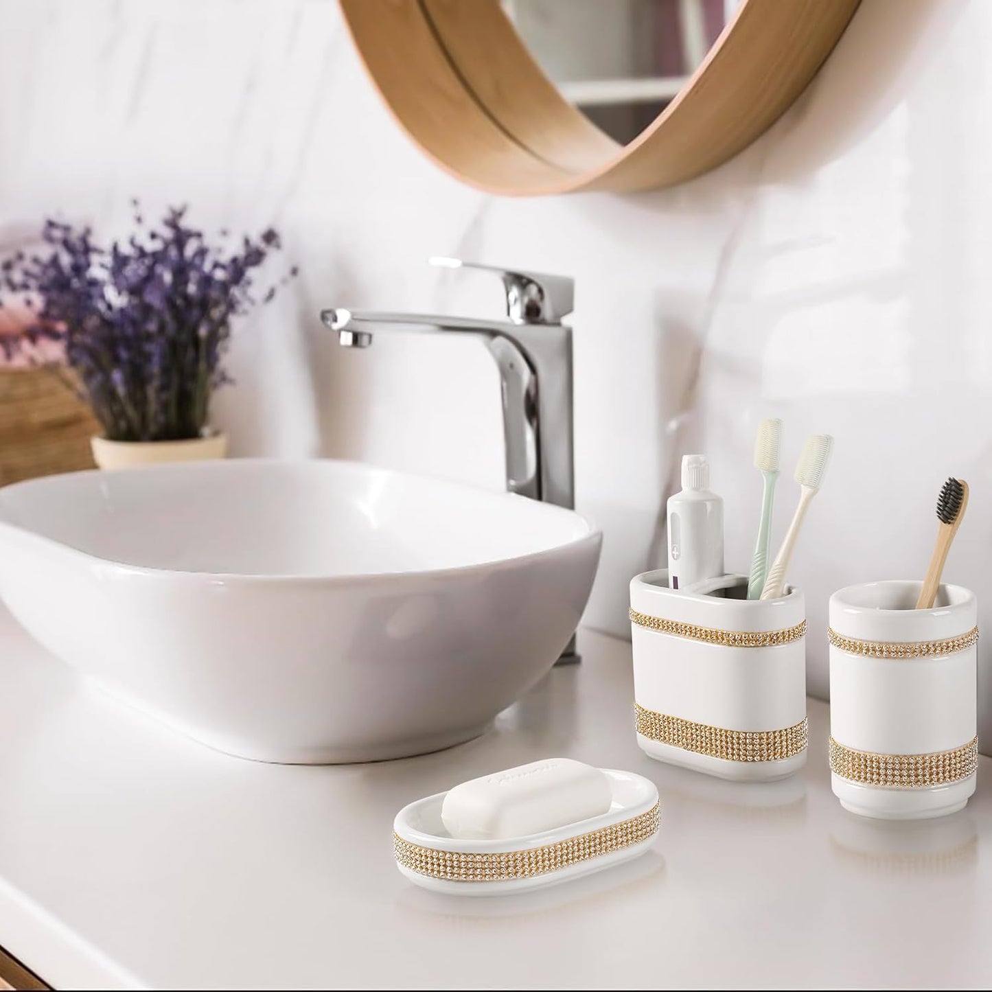 Bathroom Accessories Set with Diamonds 5 Pieces Toothbrush Holder Soap Dispenser Ceramic Bathroom Accessory Set Contain Cotton Swab Jar Toothbrush Cup Soap Dish Tumbler