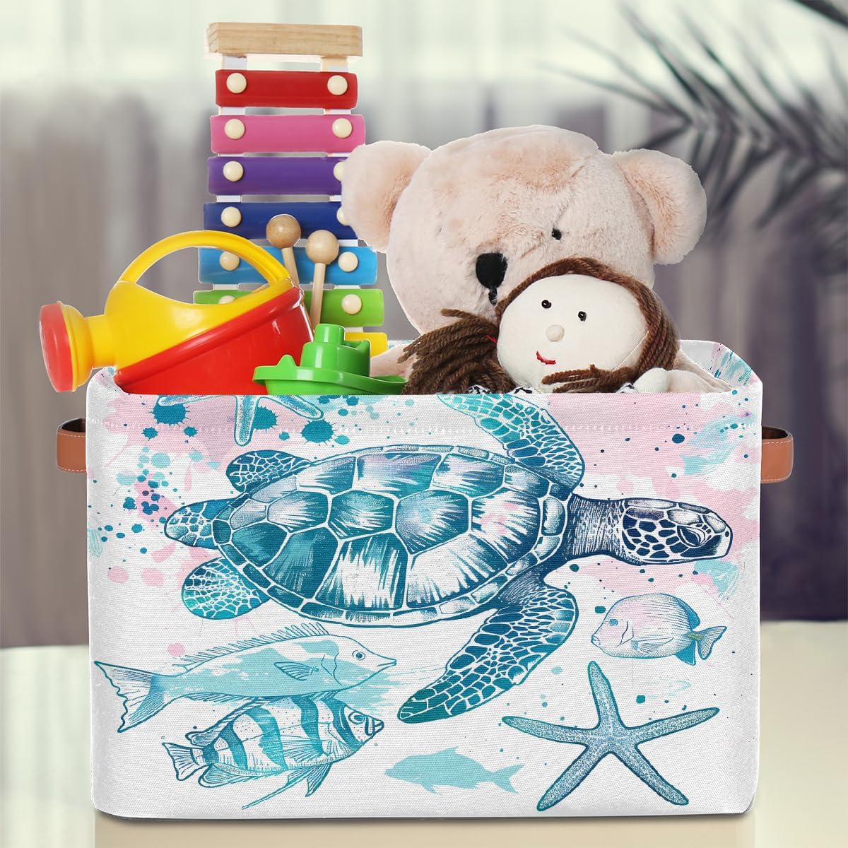 Sea Turtle Starfish Storage Basket for Shelves, Storage Bins with Handles, Collapsible Basket for Organizing, Closet Toy Baskets for Nursery Room, 15x11x9.5 in, Canvas, Ocean Tropical Fish