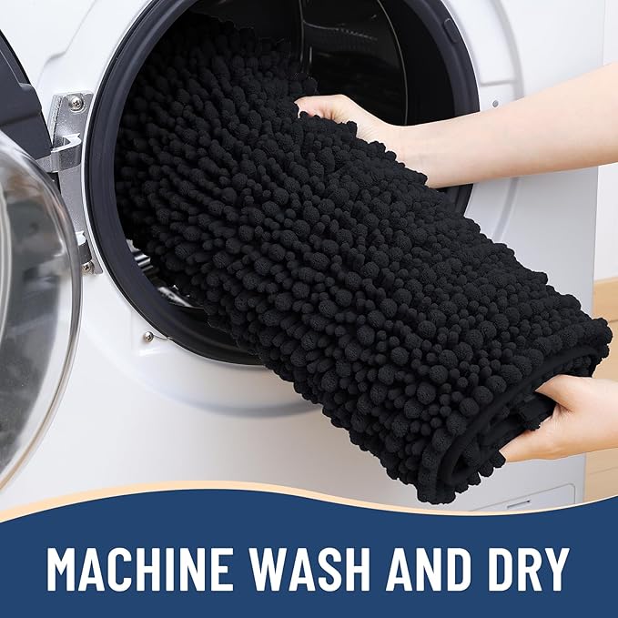 Arotive Luxury Chenille Bathroom Rug Mat, Extra Soft Thick Absorbent Shaggy Bath Rugs, Non-Slip Machine Wash Dry, Plush Bath Mats for Bathroom, Shower and Tub, 70x24, Black