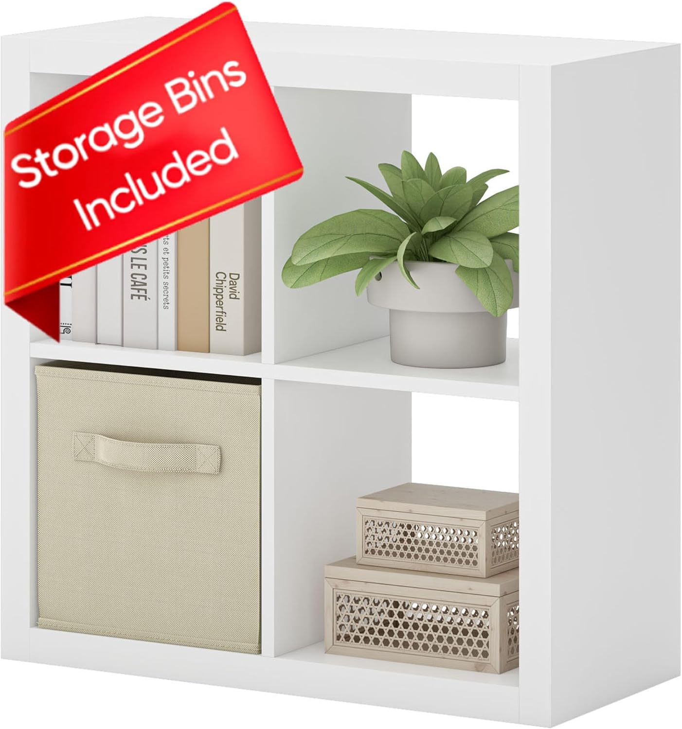 Bookshelf with Storage Bin, 4-Cube Storage Organizer, Modern Wood Open Bookcase, Multifunctional Display Shelf for Living Room, Bedroom, Home Office, White