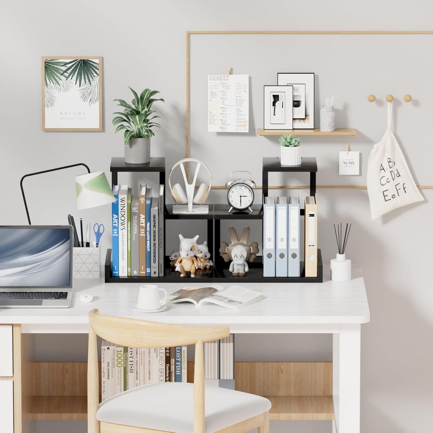 Gannyfer Desk Shelf Organizer - Wood Desktop Shelf, Freestanding Desk Hutch Office Decor, 3 Tier Storage Display Rack, Small Bookshelf with Metal Frame for Books/Plants/Toys (Black)