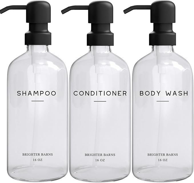 Clear Shampoo and Conditioner Dispenser Set by Brighter Barns - Body Wash, Shampoo Dispenser for Shower with Pump - Refillable Plastic Shower Bottles for Bathroom Decor in Home, Airbnb, Hotel (Clear)