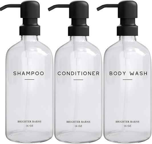 Clear Shampoo and Conditioner Dispenser Set by Brighter Barns - Body Wash, Shampoo Dispenser for Shower with Pump - Refillable Plastic Shower Bottles for Bathroom Decor in Home, Airbnb, Hotel (Clear)