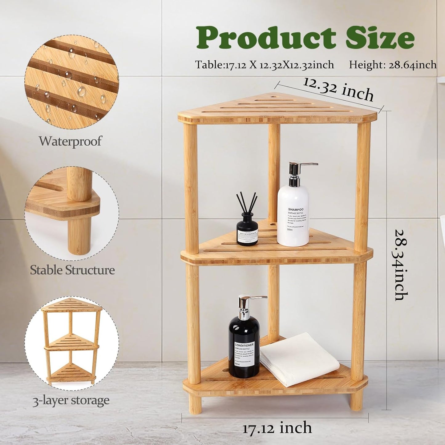 Bamboo Corner Shower Caddy Stand 3-Tier Waterproof,Free Standing Corner Shelf Shower Stool Organizer for Inside Shower,Space-Saving Storage Shelf with Anti-Slip Feet