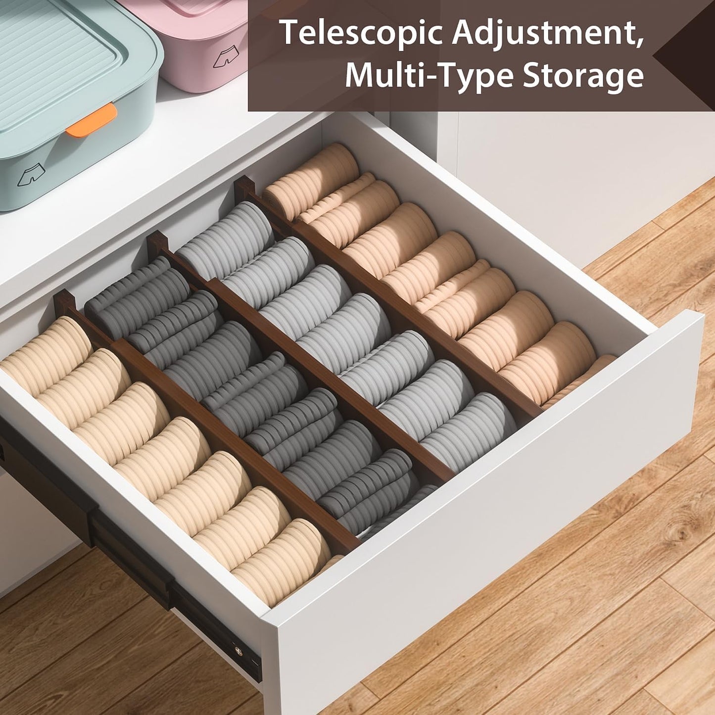 4 PCS Drawer Divider, 17"-22" Adjustable Bamboo Drawer Dividers Organizers, Expandable Separators for Kitchen, Clothes, Dressers, Home, Office, Mocha